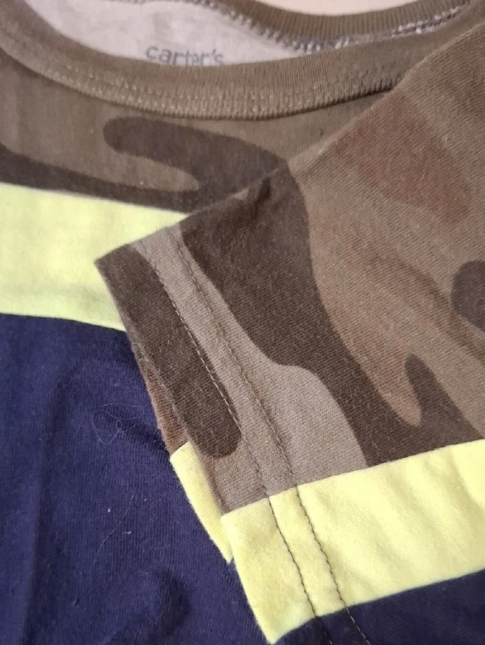 Carter's Navy Tee with Camo Shoulders and Neon Yellow Stripe